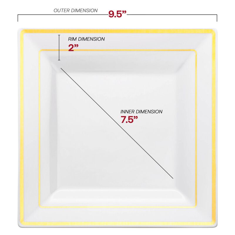 9.5" White with Gold Square Edge Rim Plastic Dinner Plates (120 Plates) image number 2