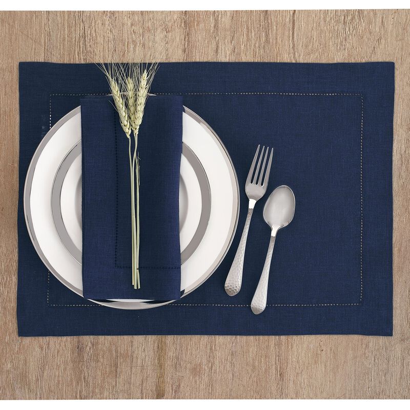 Solino Home Classic Hemstitch 100% Linen Placemats &ndash; Set of 4, 14 x 19 in, Machine Washable, Holiday and Everyday Dining