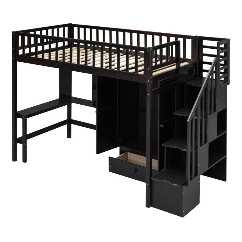 Twin size Loft Bed with Bookshelf, Drawers, Desk, and Wardrobe Espresso