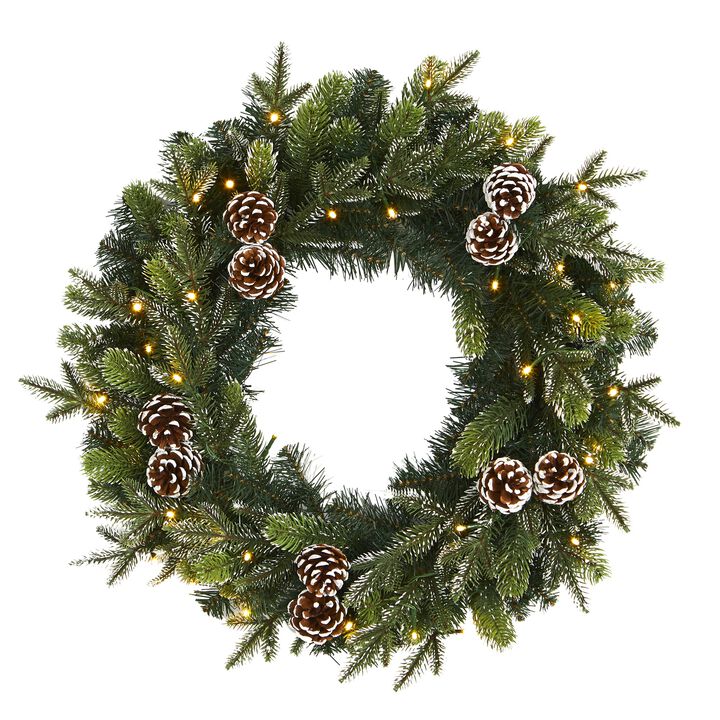 Hivvago 24" Snowed Pinecone Artificial Christmas Wreath with 35 Clear LED Lights