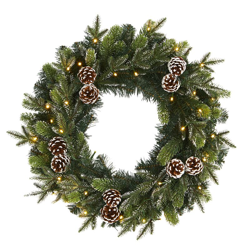 Hivvago 24" Snowed Pinecone Artificial Christmas Wreath with 35 Clear LED Lights