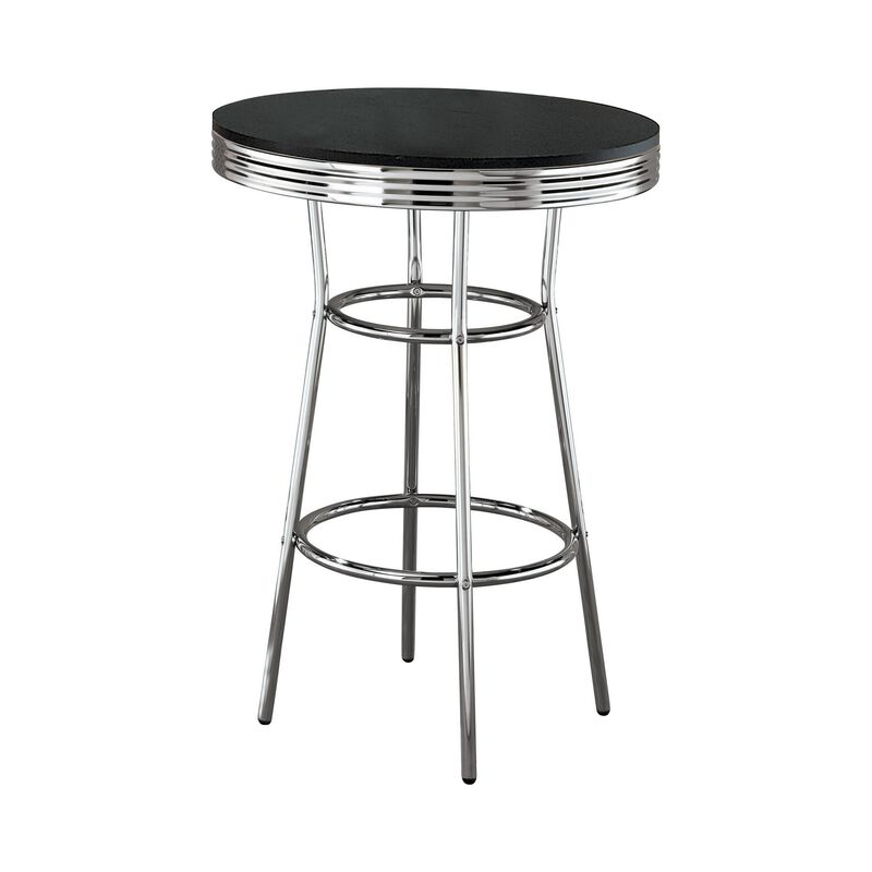 42 Inch Round Bar Table, Ribbed Apron, Glossy Black Lacquer, Retro Style