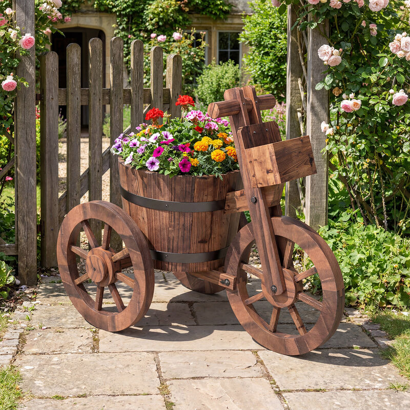 Wooden Tricycle Planter with Wheels and Built-In Storage Box-Coffee image number 4