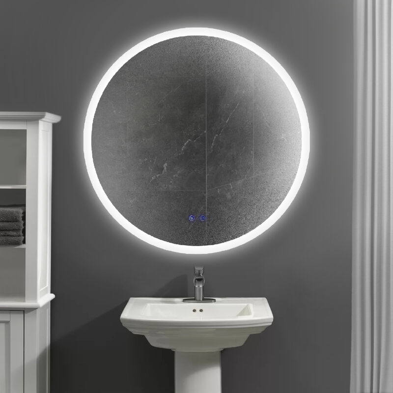 32 x 32 Inch Round Frameless LED Illuminated Bathroom Mirror, Touch Button Defogger, Metal, Silver