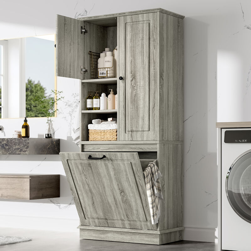Merax Tall Storage Cabinet with Adjustable Shelves, Large Flip-Out Basket & Enclosed Cabinets – Perfect for Bathroom