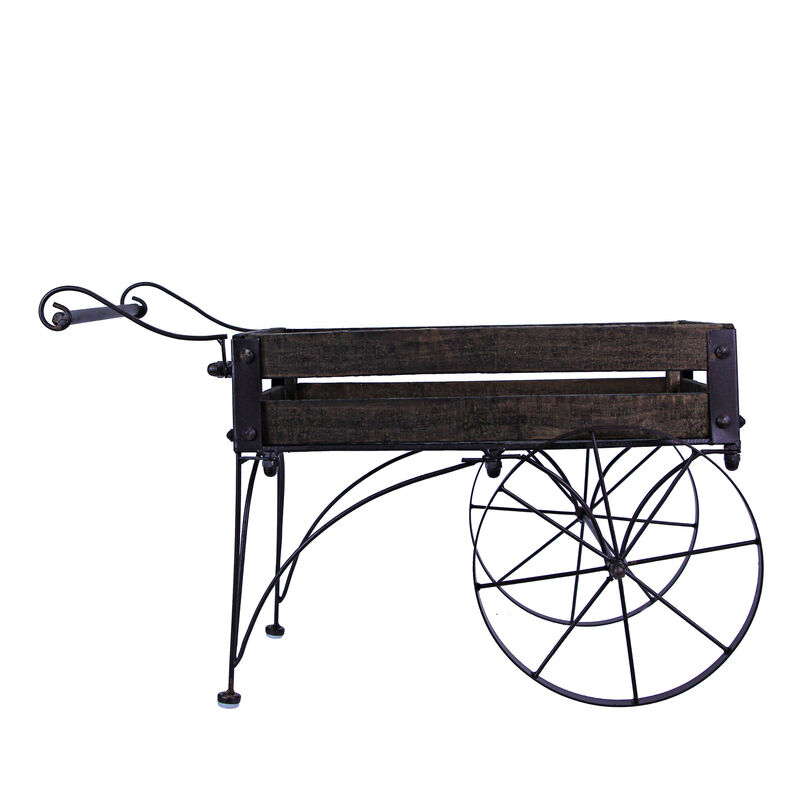 24 Inch Brown Wood & Metal Wagon Planter Indoor Outdoor Rustic Plant Stand image number 3