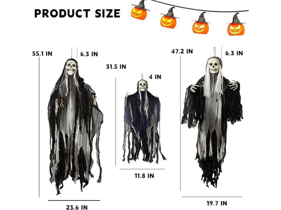 3-Pack Hanging Grim Reaper Ghosts – Skeleton Skull Halloween Decor for Yard, Porch & Haunted House Display