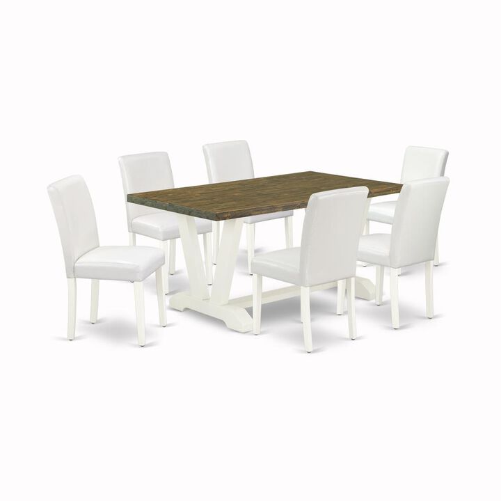 East West Furniture V076AB264-7 7-Piece Modern Rectangular Dining Room Table Set an Outstanding Distressed Jacobean Kitchen Table Top and 6 Attractive Pu Leather Dining Chairs with Stylish Chair Back,