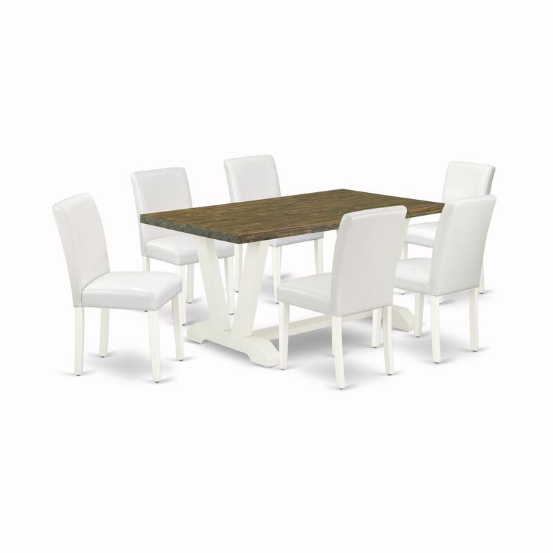 East West Furniture V076AB264-7 7-Piece Modern Rectangular Dining Room Table Set an Outstanding Distressed Jacobean Kitchen Table Top and 6 Attractive Pu Leather Dining Chairs with Stylish Chair Back,