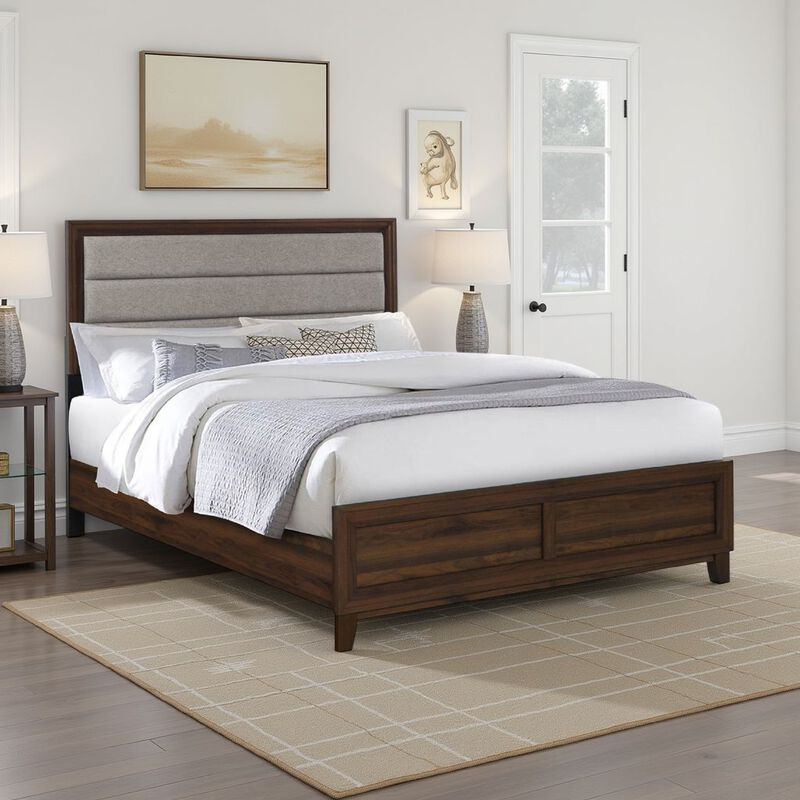 Yels Queen Size Bed, Channel Tufted Taupe Upholstery, Dark Brown Wood - Benzara