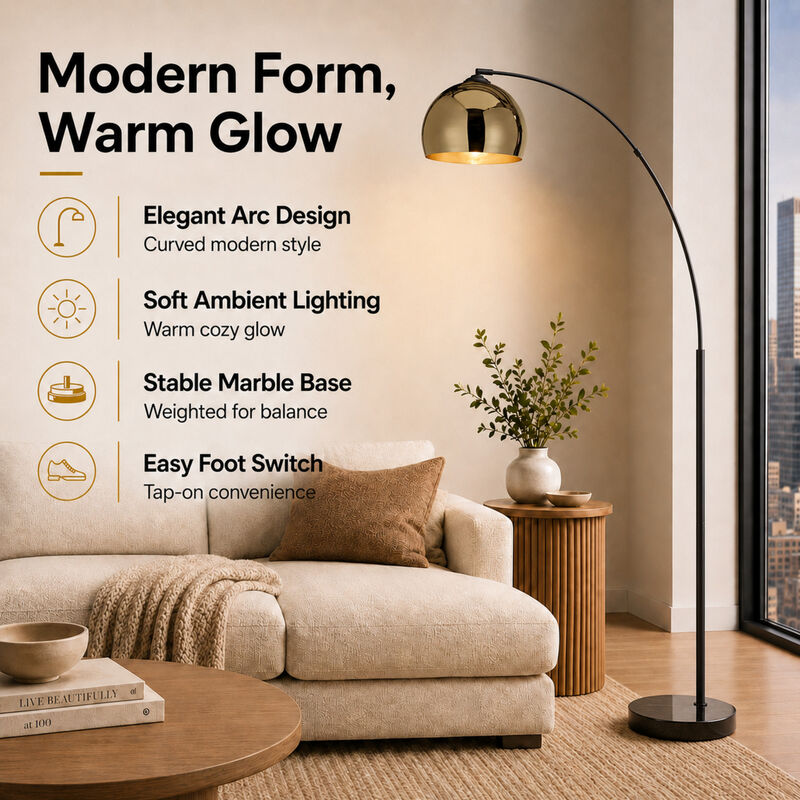 Arquer Arc Metal Floor Lamp with Bell Shade, Gold image number 2
