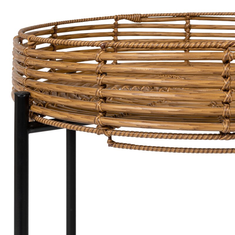 Malia Coastal Bohemian Faux Rattan Round Tray End Table with Metal Base image number 4