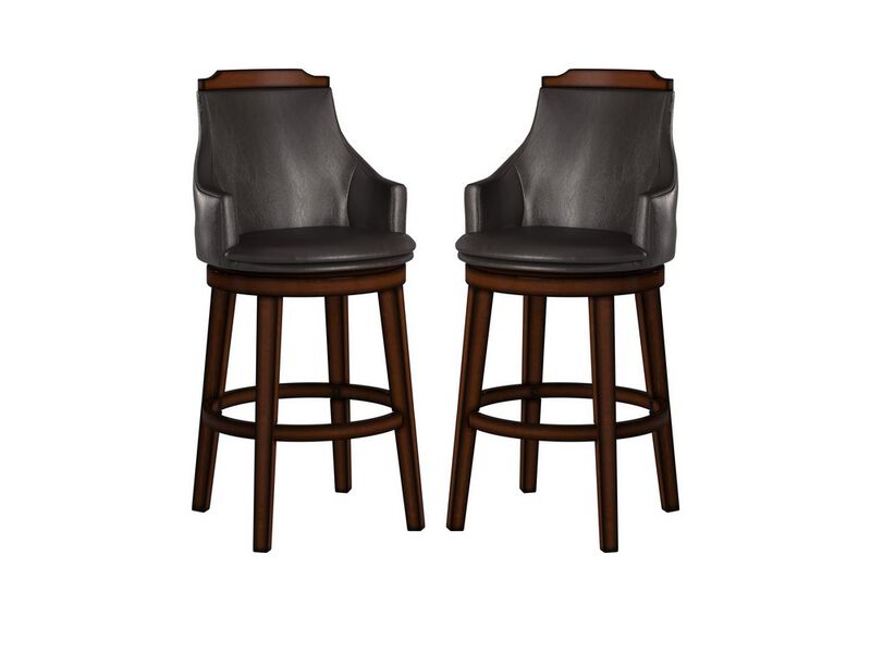 Wood & Leather Bar Height Chair with Swivel Mechanism, Oak Brown & Black, Set of 2 - Benzara