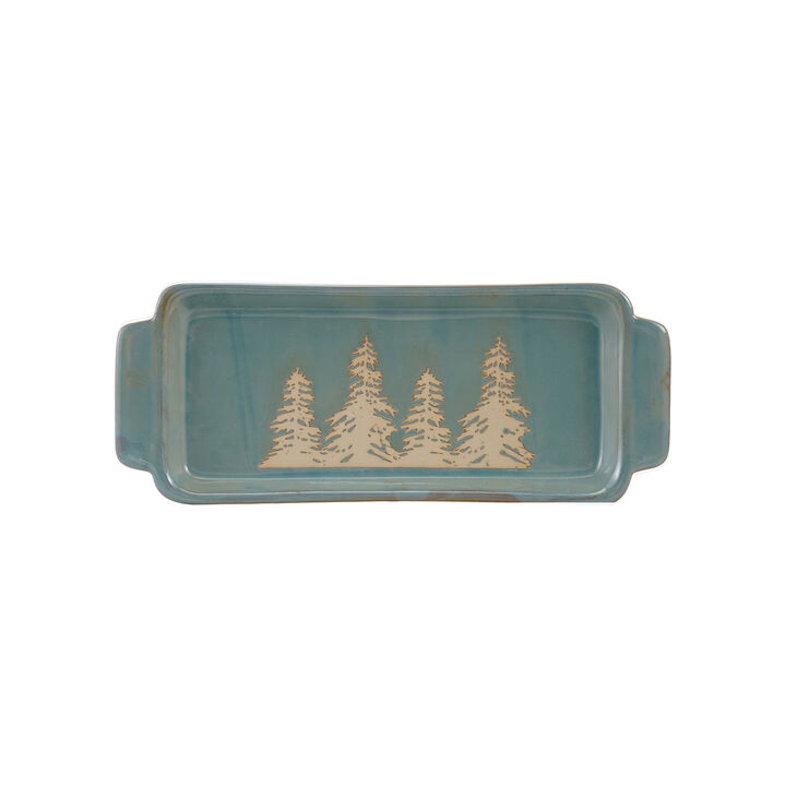 Blue Stoneware Tray with Wax Relief Trees and Reactive Glaze Finish