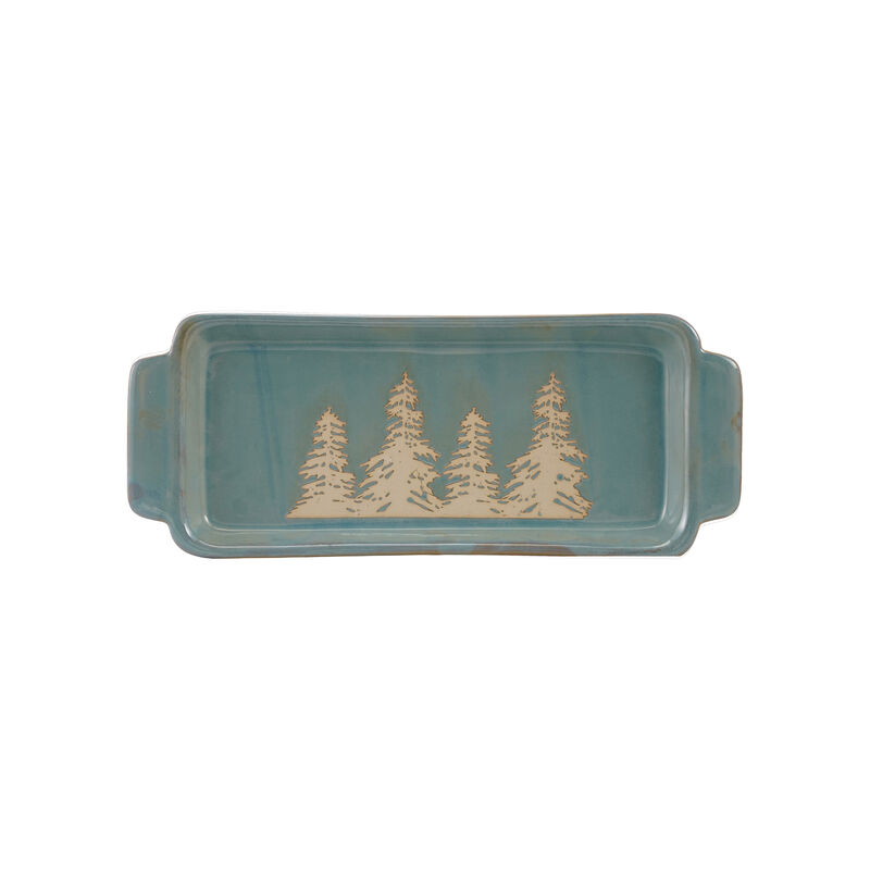Blue Stoneware Tray with Wax Relief Trees and Reactive Glaze Finish image number 0