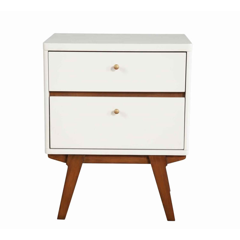 2 Drawer Wooden Nightstand with Angled Legs, White and Brown - Benzara