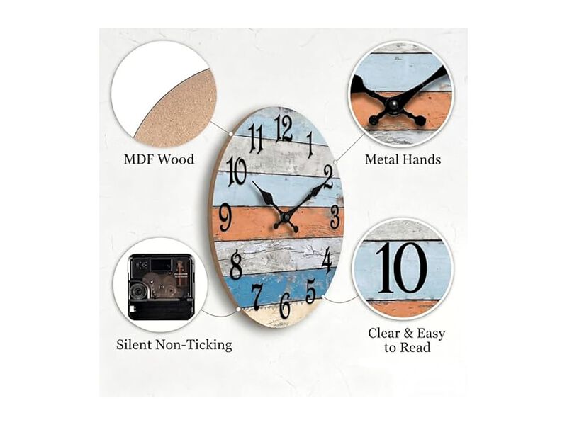 Wooden Rustic Farmhouse Coastal Wall Clock 8 Inch Silent Non Ticking Wood image number 2