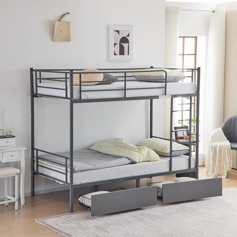 Space-Saving Convertible Bunk Bed with Metal Frame and Two Drawers