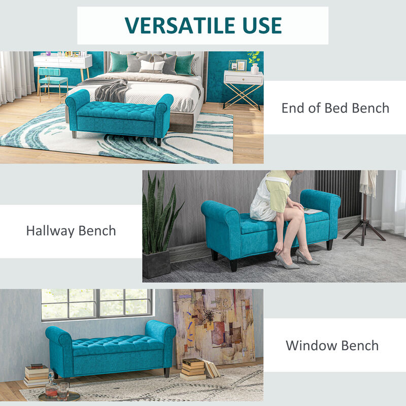 HOMCOM 50" Storage Ottoman Bench, Upholstered End of Bed Bench with Rolled Arms, Wood Legs, Button Tufted Storage Bench with Safety Hinges for Living Room, Entryway, Bedroom, Teal