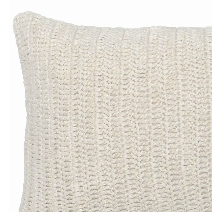 Rectangular Fabric Throw Pillow with Hand Knitted Details, White-Benzara