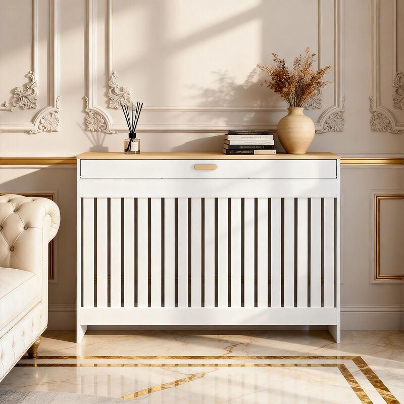 Radiator Cover with Drawer Shelf White Oak Finish Vertical MDF Slat Cabinet image number 1