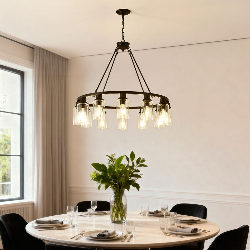 ELEMENT ACE Rustic Wagon Wheel Chandelier with Seeded Glass Shades and Adjustable Chains for Modern Farmhouse Lighting image number 5