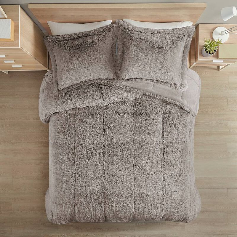 Hivvago Full/Queen Grey Soft Sherpa Faux Fur 3 Piece Comforter Set with Pillow Shams