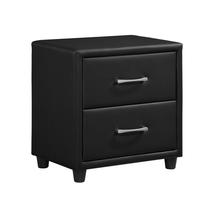 Contemporary Durable Black PU Leather Covering 1pc Nightstand of Drawers Silver Tone Bar Pulls Stylish Furniture