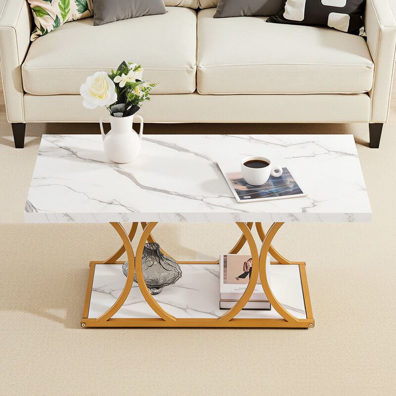 Modern Faux Marble Coffee Table with 2-Tier Storage Shelf image number 1