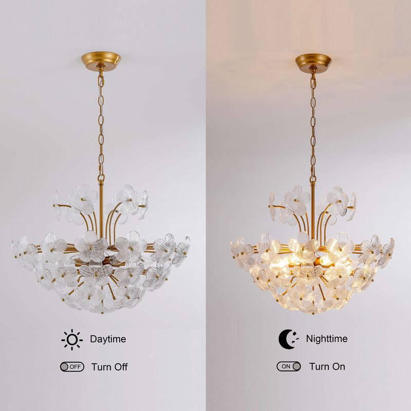 Rosa Modern 6-Light 22.4" Glam Ribbed Glass Flower Chandelier - Low-gloss Brushed Brass Finish image number 9