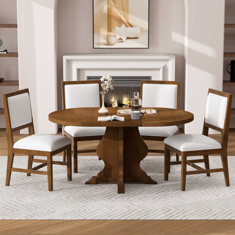 Whisen Farmhouse 5-Piece Dining Table Set with Extendable Table and 4 Upholstered Chairs image number 3