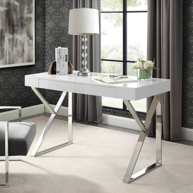 Inspired Home Octavia High Gloss Desk with Polished Stainless Steel Base