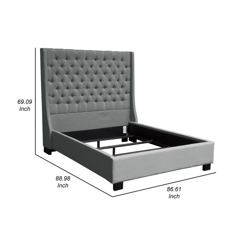 Zoa King Size Bed in Dark Gray Linen Upholstery, Wingback Headboard