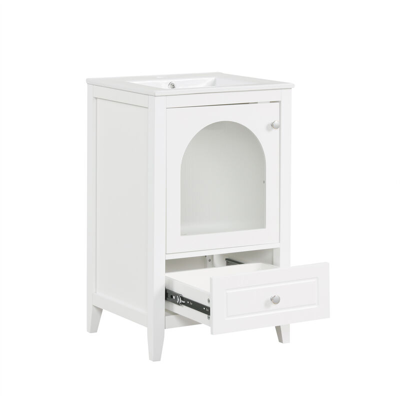 Whisen 20" Bathroom Vanity with Sink, Bathroom Cabinet with Curved Glass Door and Drawer - White