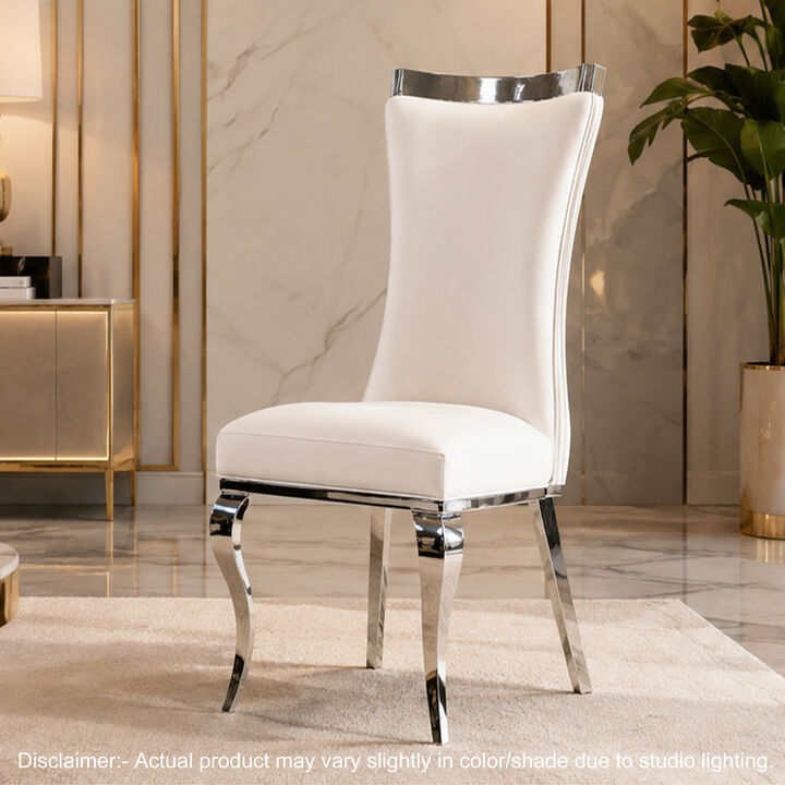 Bedy Dining Side Chair Set of 2, Textured White Velvet, Silver Saber Legs