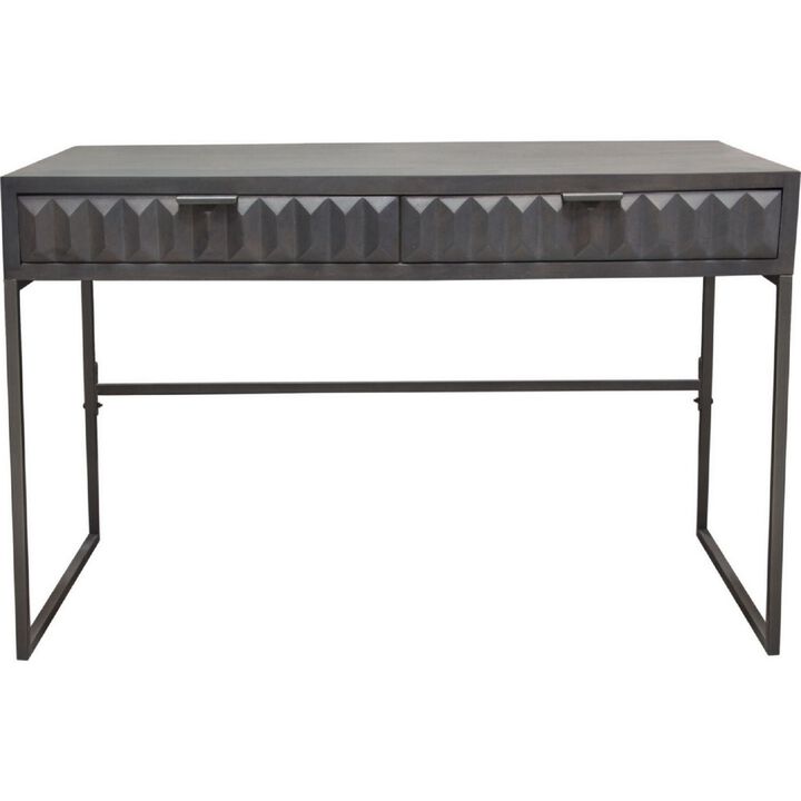 Fiva 47 Inch 2 Drawer Desk, Embossed Geometric Patterns, Smoke Gray Wood - Benzara