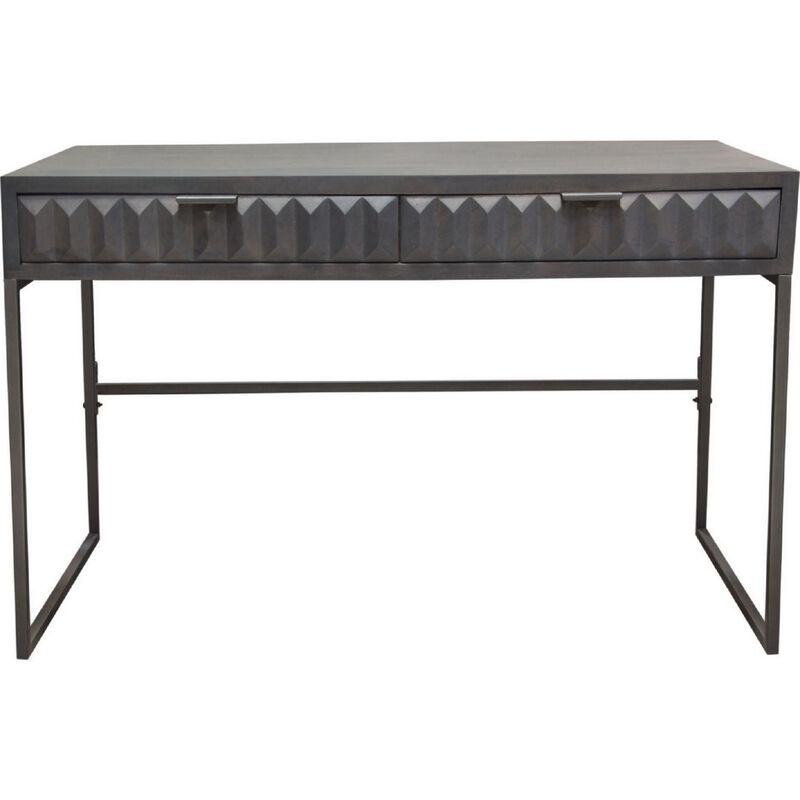 Fiva 47 Inch 2 Drawer Desk, Embossed Geometric Patterns, Smoke Gray Wood - Benzara