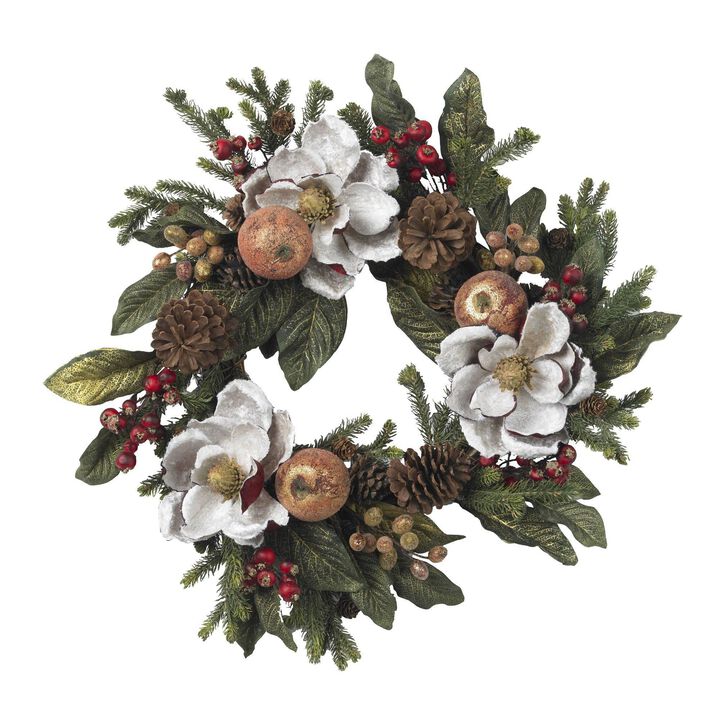 Nearly Natural 24-in Magnolia Pinecone & Berry Wreath