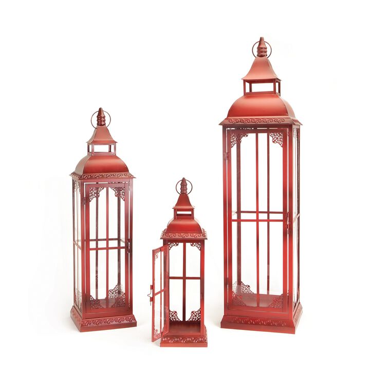 HomeRoots Set of Three Red Distressed Ornate Glass And Metal Floor Lantern Candle Holders