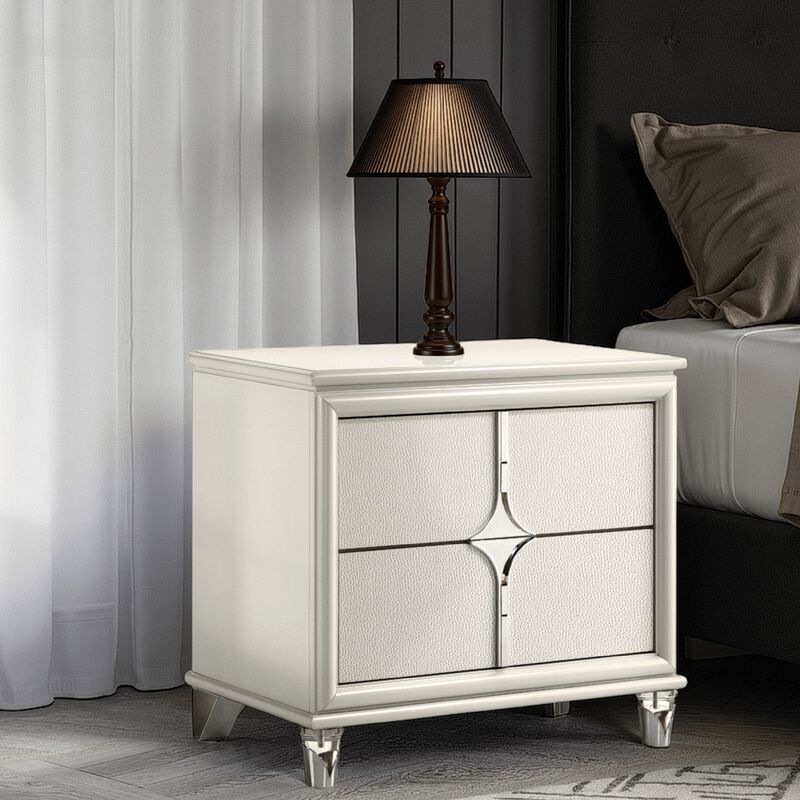 Ory Nightstand w 2 Drawers, Chrome Star Handle, Pearl Ivory Wood - Benzara