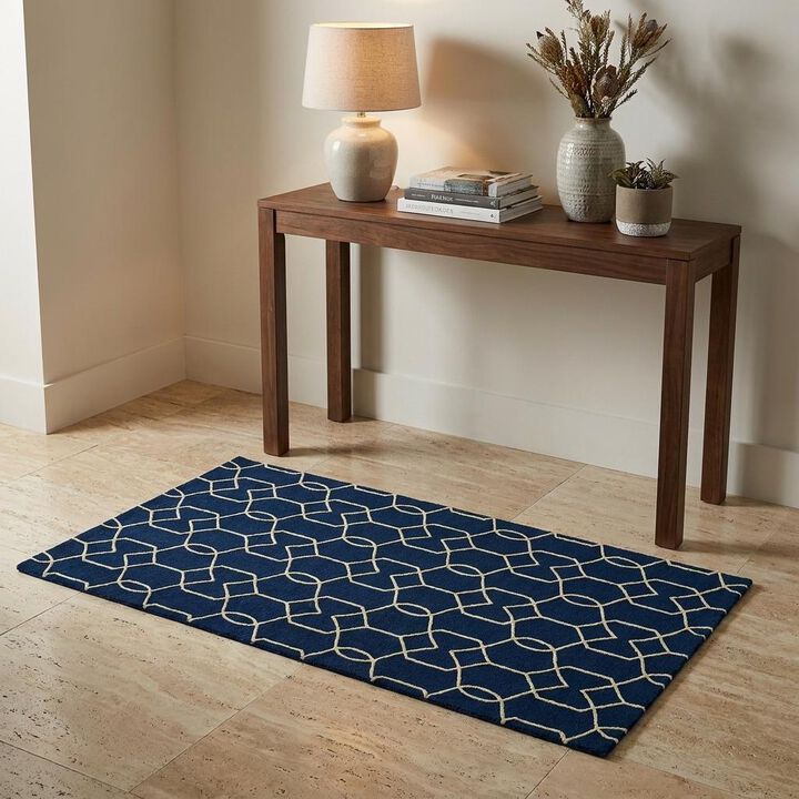 HomeRoots 3' X 5' Navy Blue And Ivory Geometric Hand Hooked Area Rug