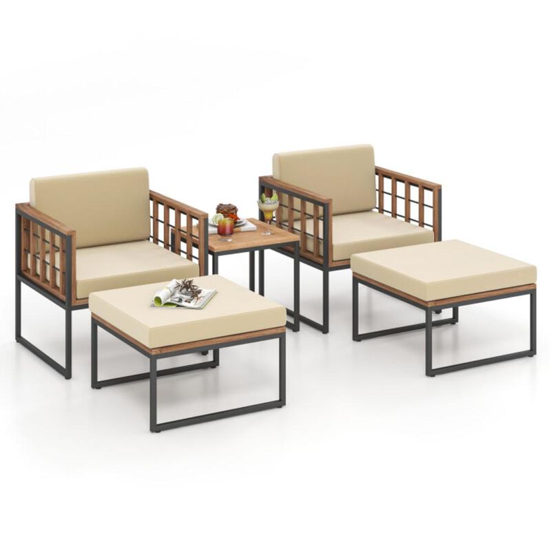 Hivvago 5 Piece Outdoor Furniture Set Acacia Wood Chair Set with Ottomans and Coffee Table