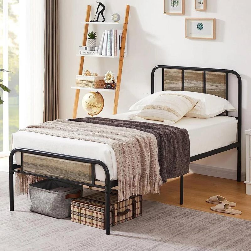 Hivvago Twin Grey Wood Metal Platform Bed Frame with Rounded Headboard Footboard