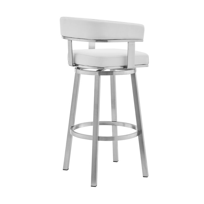 Hivvago 26 Inch White And Silver Faux Leather And Stainless Steel Low Back Counter Height Swivel Bar Chair