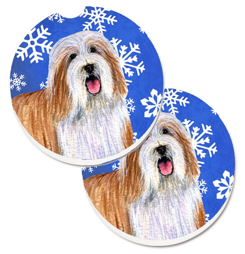 Caroline's Treasures Bearded Collie Winter Snowflakes Holiday Set of 2 Cup Holder Car Coasters LH9285CARC, 2.56, Multicolor image number 0