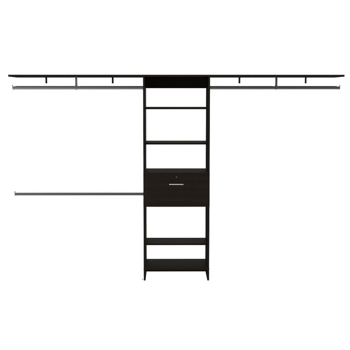 DEPOT E-SHOP Zamora 70"W - 118"W Closet System, Three Hanging Rods, Five Shelves, One Drawer, Black