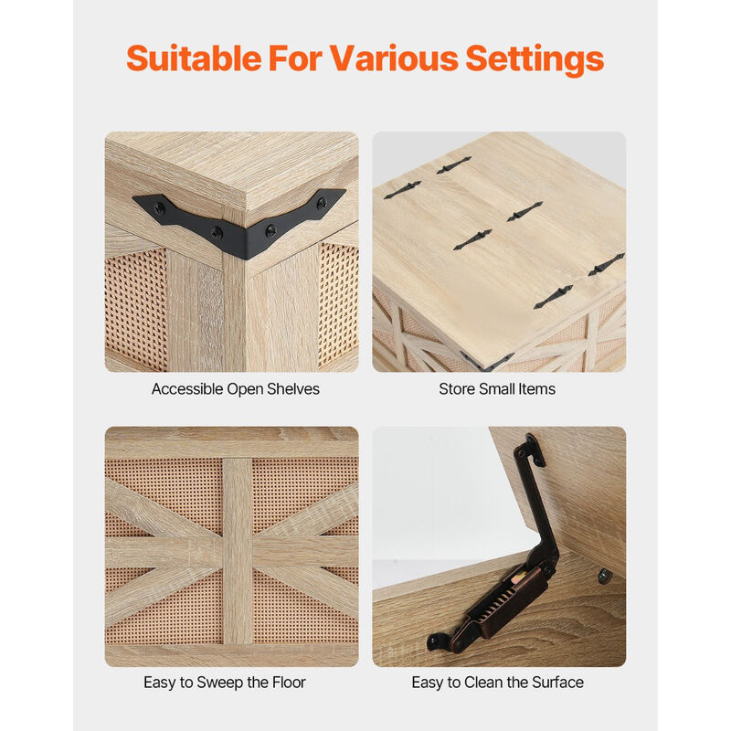 Modern Rattan Coffee Table with Retro Metal Hinges and Storage Shelf, Rectangle Shape