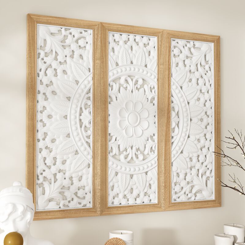 FUFU&GAGA Vintage Style Storage Cabinet with White Hollowed-Out Carved Drawers and Doors, Matching Wall Panel Frame, Painted and Clear Finish with Antique Hardware, (59.1 in. W x 15.7 in. D x 35.4 in. H), Wood and White