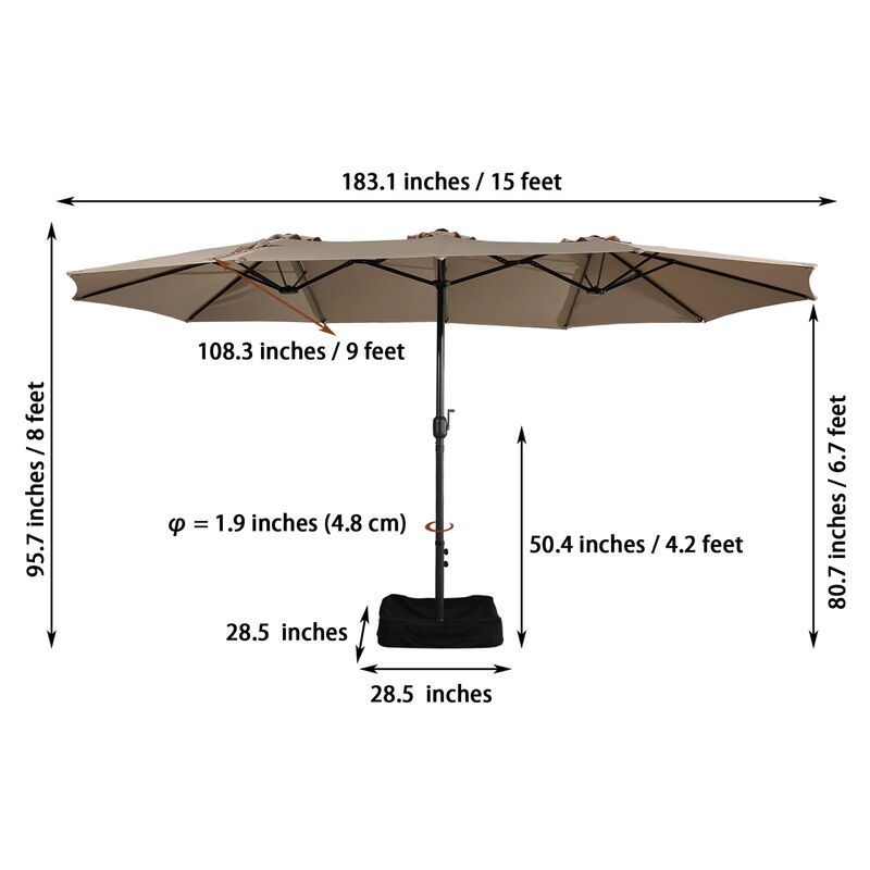 MONDAWE 15ft Rectangular Double-Sided Outdoor Patio Market Umbrella Coffee