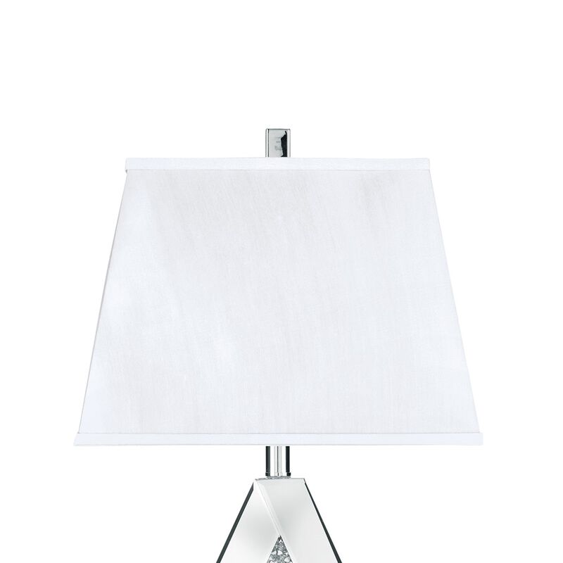 30 Inch Table Lamp, Mirrored Crystal Accent Geometric Base, Chrome, White - Benzara